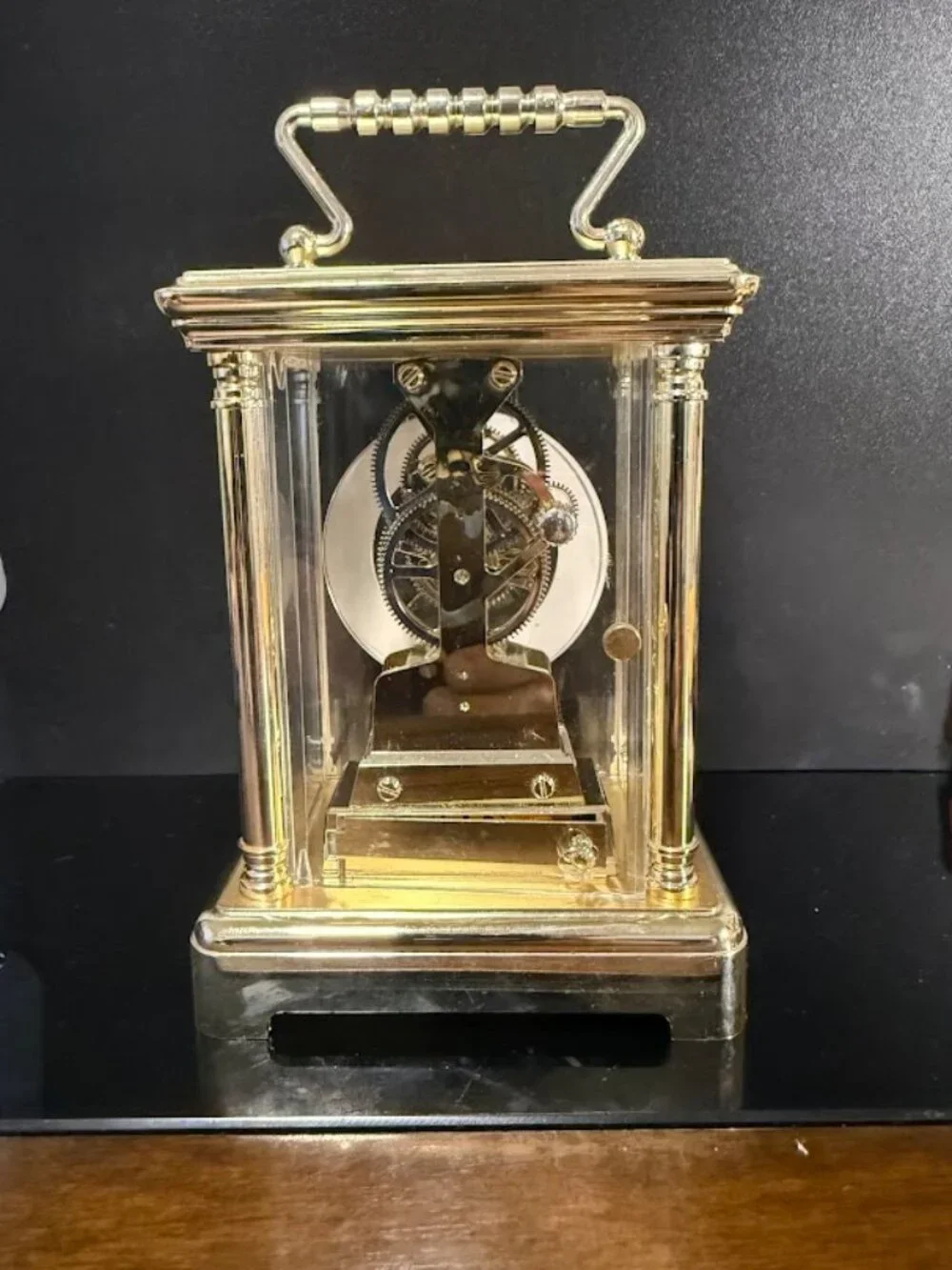 Howard Miller Carriage Clock Vintage Skeleton Brass & Glass Mantel Clock